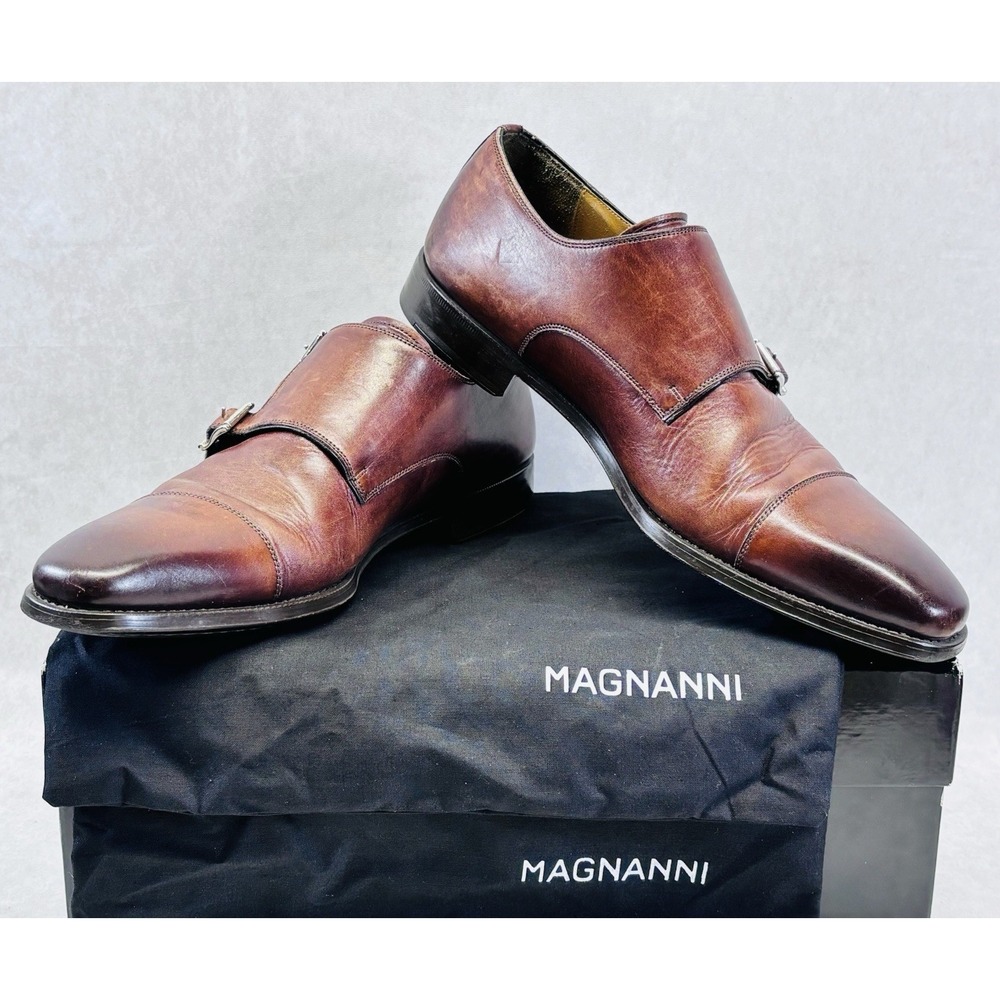Magnanni Cognac Double Monk‎ Strap Size 8.5M Cap Toe Dress Shoes w Bags